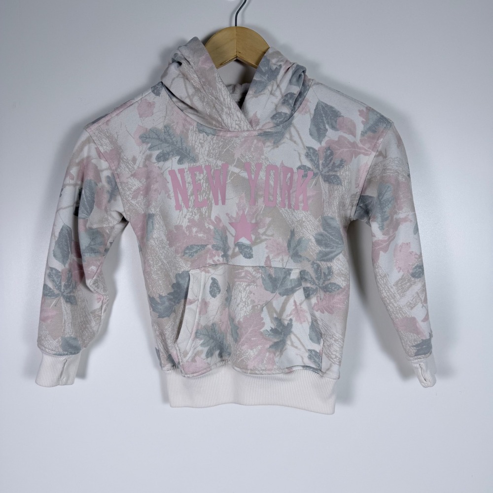 Abercrombie Kids Hoodie Girls Size 5/6 Pink Camo Leaf New York Fleece Pullover
